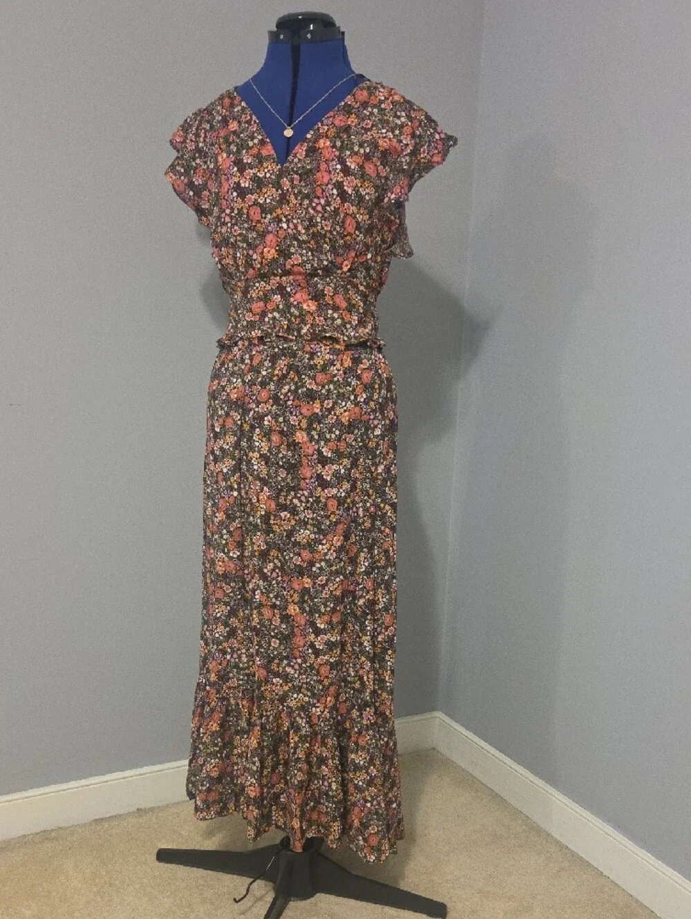 Jessica Simpson Maxi Skirt And Top with Black and Orange Floral Print
